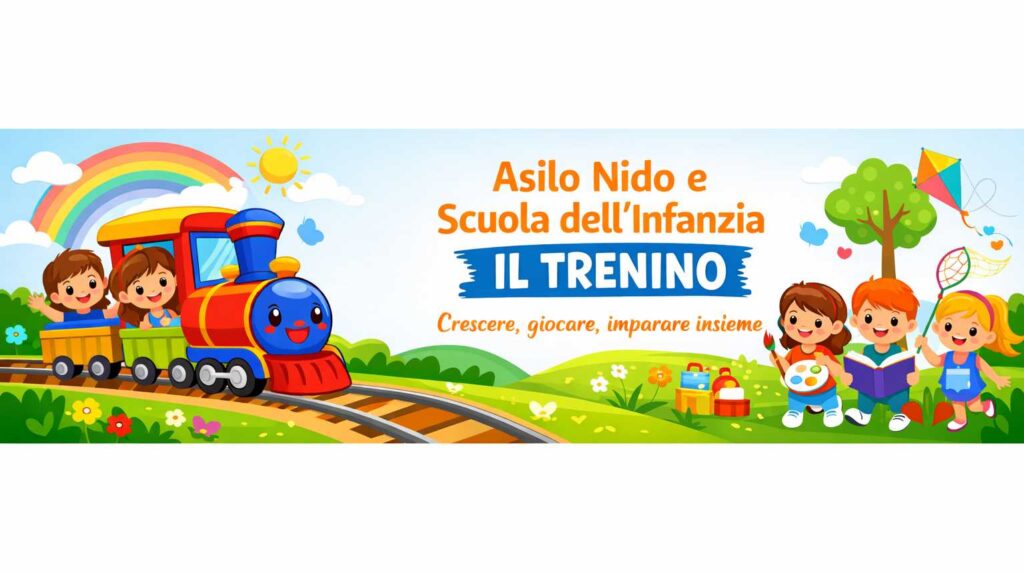 Asilo nido e scuola dell’infanzia Il Trenino con bambini che giocano e trenino colorato