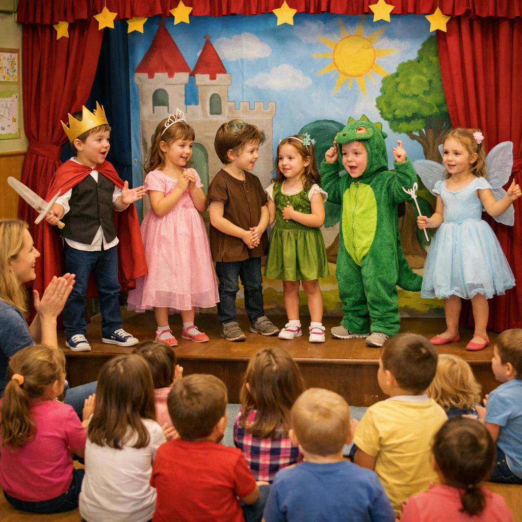 Sei bambini in costumi colorati si esibiscono su un piccolo palco, con un castello dipinto sullo sfondo, davanti ai compagni seduti e un’insegnante che li applaude.