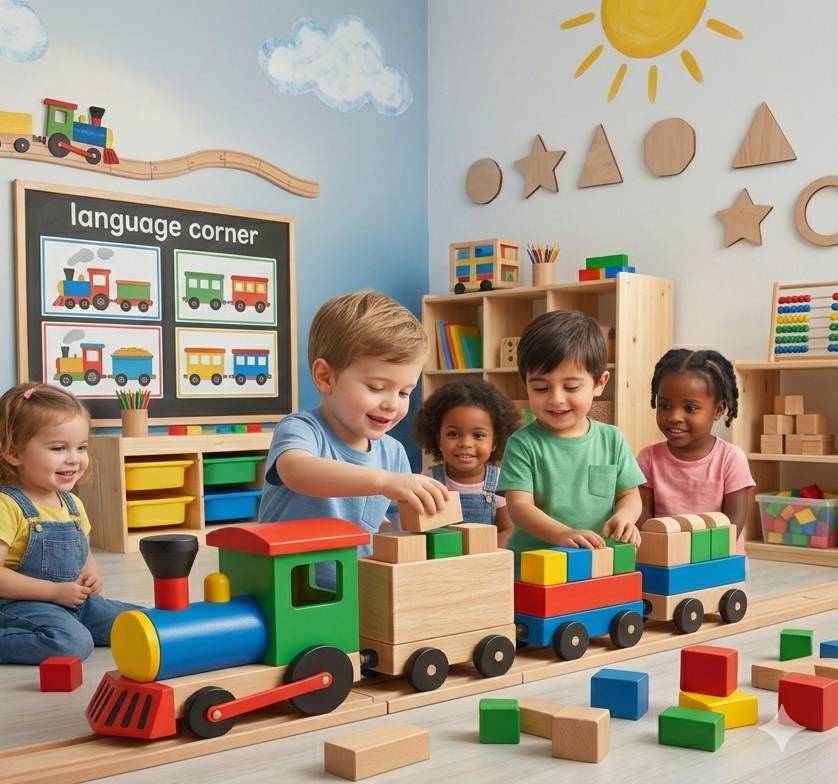 Bambini della scuola dell'infanzia giocano con un trenino di legno colorato in un'aula luminosa con poster didattici in inglese.